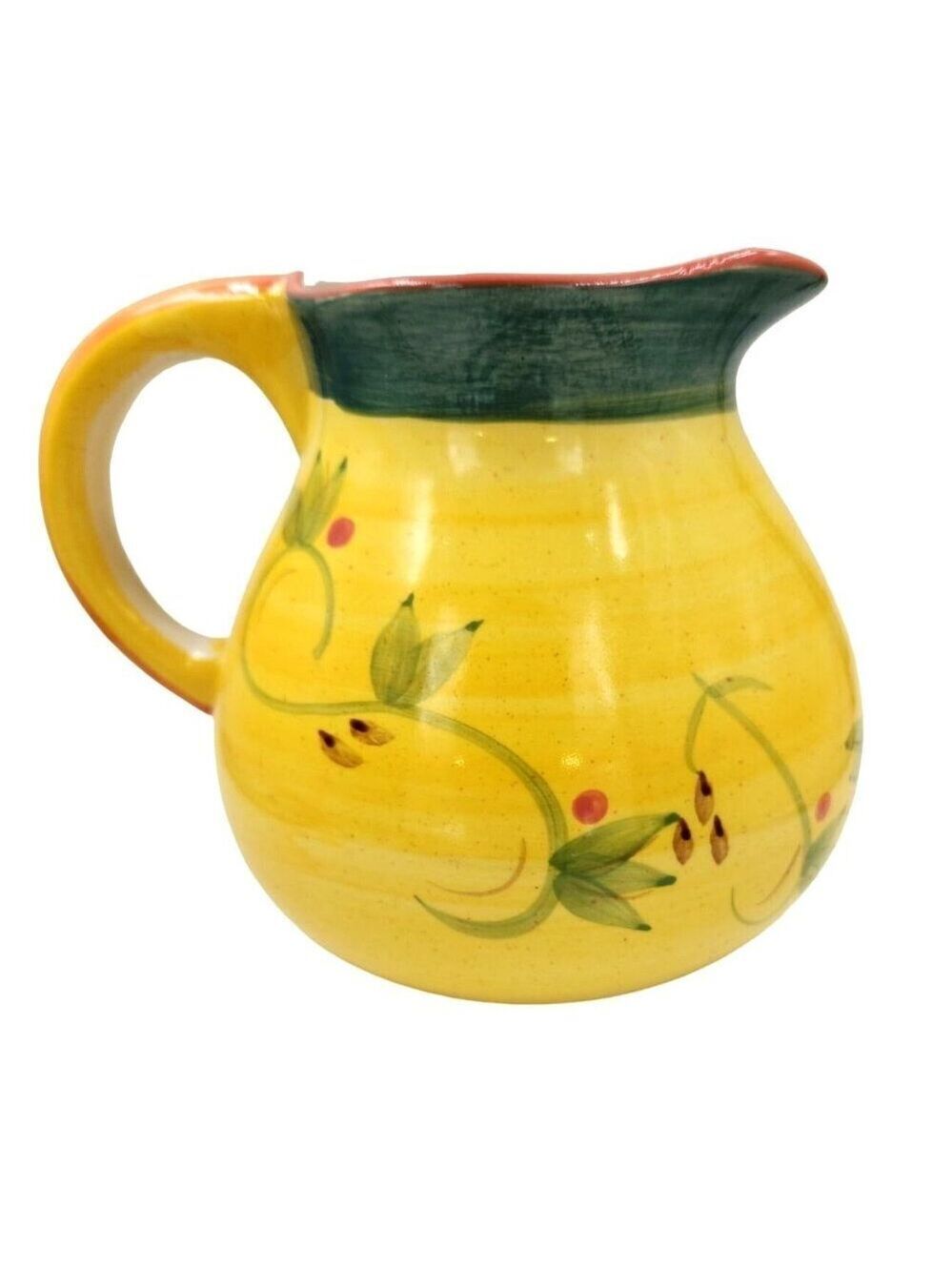 Ceramic Tuscan Style Water Pitcher Yellow Green Red Berries 6 inch with 4 inch o